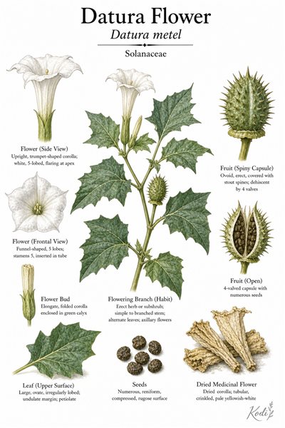 Botanical illustration of Datura Flower, Datura metel, showing flowering habit, trumpet flowers, leaves, spiny capsule, and diagnostic plant details.