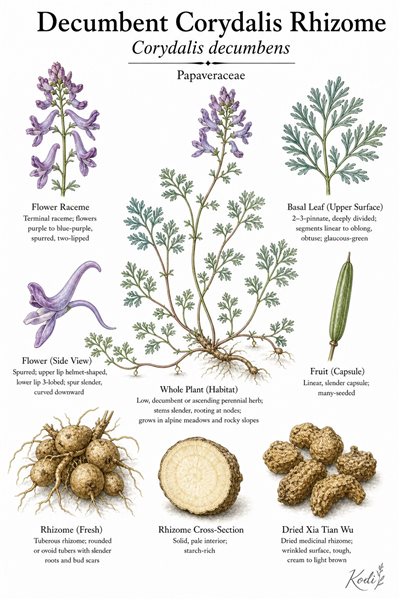 Botanical illustration of Decumbent Corydalis Rhizome, Corydalis decumbens, showing habit, leaves, purple spurred flowers, rhizome, and diagnostic plant details.