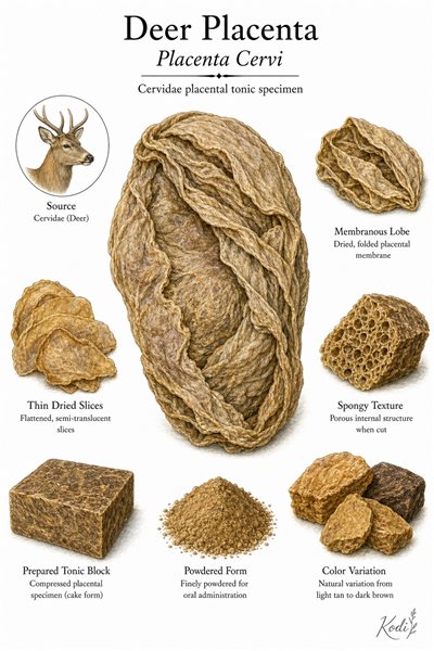 Scientific specimen plate of Deer Placenta, Placenta Cervi, showing cleaned dried placental material, slices, powder, and diagnostic tonic details.