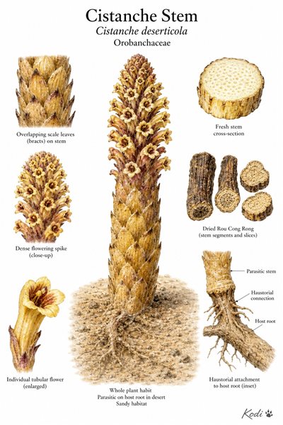 Botanical illustration of Cistanche Stem, Cistanche deserticola, showing parasitic desert habit, fleshy flowering stem, scale leaves, host root attachment, dried stem pieces, and diagnostic plant details.