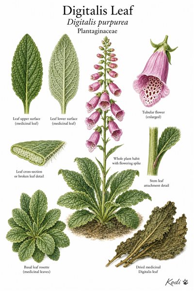 Botanical illustration of Digitalis Leaf, Digitalis purpurea, showing foxglove habit, medicinal leaves, flower spike, dried leaf specimen, and diagnostic plant details.