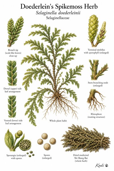 Botanical illustration of Doederlein's Spikemoss Herb, Selaginella doederleinii, showing habit, flattened fronds, strobili, rhizophores, dried herb, and diagnostic plant details.