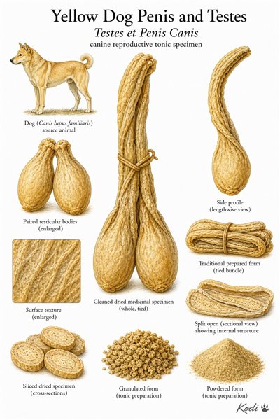 Scientific specimen plate of Yellow Dog Penis and Testes, Testes et Penis Canis, showing lighter dried medicinal material, prepared sections, powder, and diagnostic tonic details.