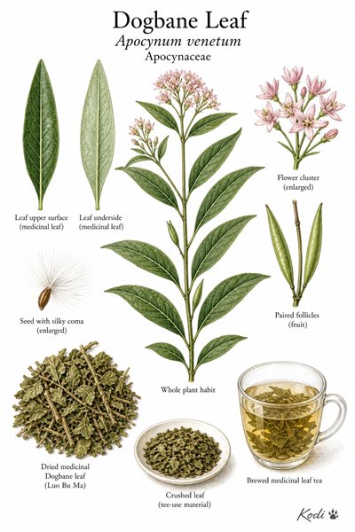 Botanical illustration of Dogbane Leaf, Apocynum venetum, showing leafy branch, flowers, follicles, seed, dried tea leaves, and diagnostic plant details.