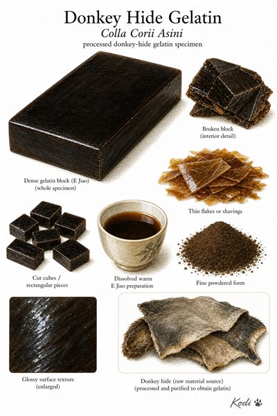 Scientific specimen plate of Donkey Hide Gelatin, Colla Corii Asini, showing gelatin blocks, flakes, dissolved preparation, and diagnostic processing details.