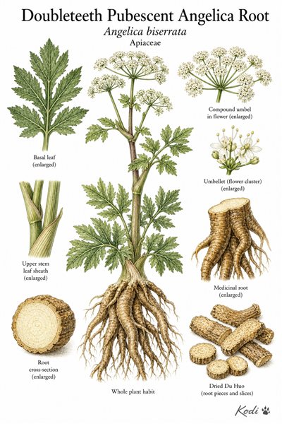 Botanical illustration of Doubleteeth Pubescent Angelica Root, Angelica biserrata, showing habit, divided leaves, umbels, medicinal root, and diagnostic plant details.
