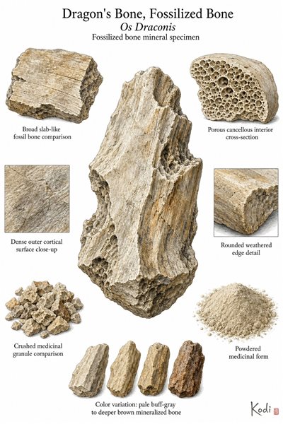 Scientific specimen plate of Dragon's Bone, Fossilized Bone, Os Draconis, showing irregular fossil bone fragments, porous broken sections, powder, and diagnostic mineralized bone details.