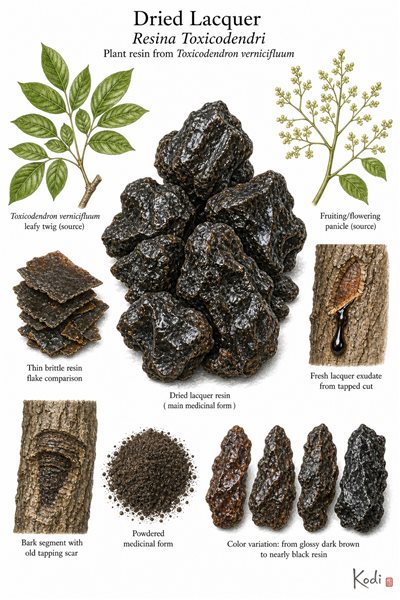 Scientific specimen plate of Dried Lacquer, Resina Toxicodendri, showing dark lacquer resin lumps, bark-tapping context, source leaves, powder, and diagnostic resin details.