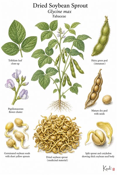 Botanical illustration of Dried Soybean Sprout, Glycine max, showing soybean habit, pods, germinated seeds, dried sprout material, and diagnostic plant details.