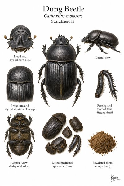 Scientific specimen plate of Dung Beetle, Catharsius molossus, showing whole beetle views, horn, legs, elytra, and diagnostic insect details.