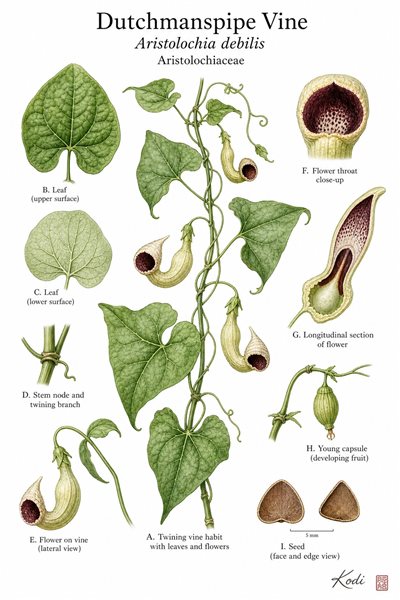 Botanical illustration of Dutchmanspipe Vine, Aristolochia debilis, showing twining vine habit, leaves, pipe-shaped flowers, young capsule, and diagnostic plant details.