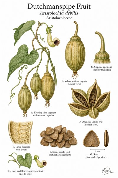 Botanical illustration of Dutchmanspipe Fruit, Aristolochia debilis, showing fruiting vine, ribbed capsules, seeds, opened fruit, and diagnostic plant details.
