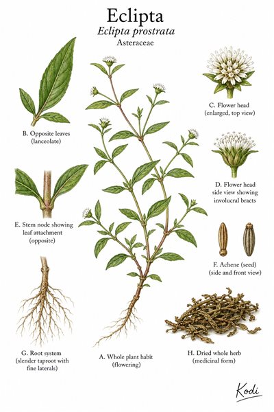 Botanical illustration of Eclipta, Eclipta prostrata, showing whole herb habit, leaves, flower heads, achenes, root, and diagnostic plant details.