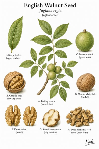 Botanical illustration of English Walnut Seed, Juglans regia, showing fruiting branch, pinnate leaves, walnuts, kernel, and diagnostic seed details.