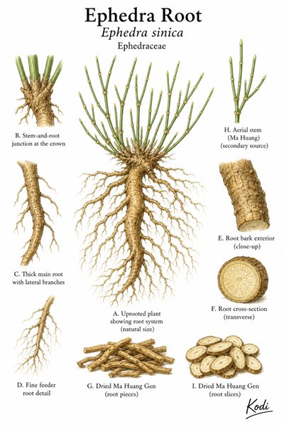 Botanical illustration of Ephedra Root, Ephedra sinica, showing uprooted habit, medicinal roots, crown, dried root pieces, and diagnostic plant details.