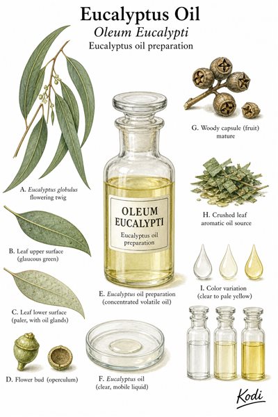 Scientific specimen plate of Eucalyptus Oil, Oleum Eucalypti, showing volatile oil, eucalyptus leaves, capsules, and diagnostic preparation details.