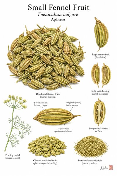 Botanical illustration of Small Fennel Fruit, Foeniculum vulgare, showing dried medicinal fruits, mericarps, ridge details, and diagnostic fennel details.