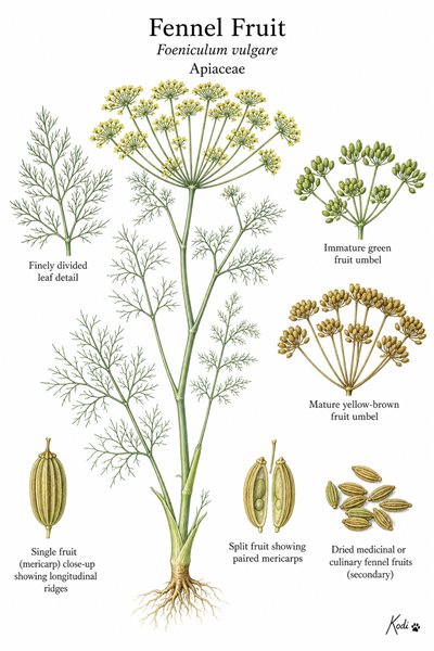 Botanical illustration of Fennel Fruit, Foeniculum vulgare, showing whole plant habit, umbels, immature and mature fruits, and diagnostic fennel details.