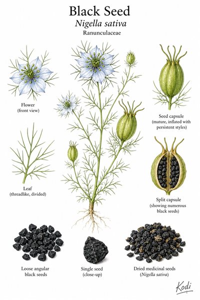 Botanical illustration of Black Seed, Nigella sativa, showing flowers, seed capsules, black seeds, and diagnostic plant details.