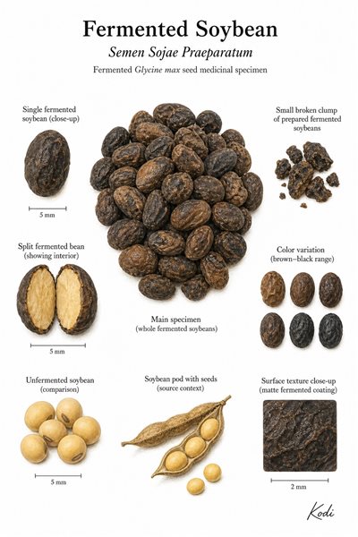 Scientific specimen plate of Fermented Soybean, Semen Sojae Praeparatum, showing fermented soybeans, split beans, soybean pod context, and diagnostic preparation details.