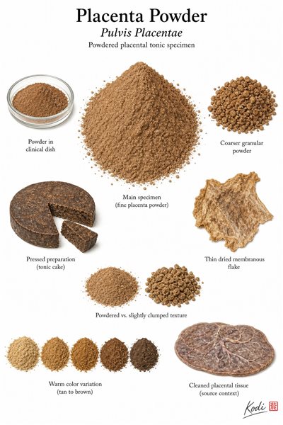 Scientific specimen plate of Placenta Powder, Pulvis Placentae, showing fine powder, pressed preparation, membranous flakes, and diagnostic tonic details.