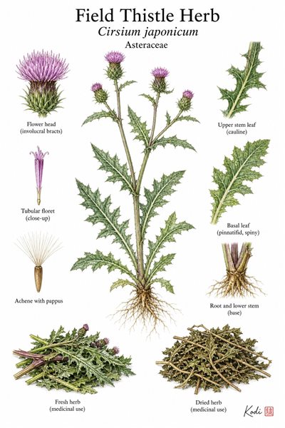 Botanical illustration of Field Thistle Herb, Cirsium japonicum, showing medicinal herb habit, spiny leaves, flower head, root, and diagnostic plant details.