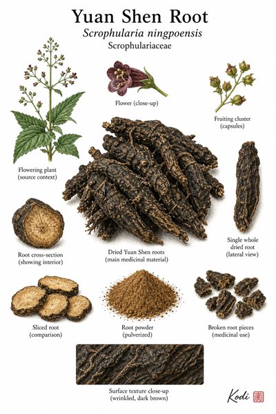 Botanical illustration of Yuan Shen Root, Scrophularia ningpoensis, showing dried medicinal roots, cut sections, source-plant context, and diagnostic figwort details.