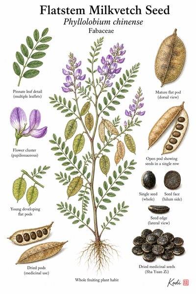 Botanical illustration of Flatstem Milkvetch Seed, Phyllolobium chinense, showing fruiting habit, pods, seeds, and diagnostic legume details.
