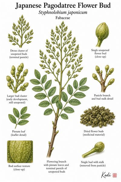 Botanical illustration of Japanese Pagodatree Flower Bud, Styphnolobium japonicum, showing bud clusters, pinnate leaves, dried buds, and diagnostic plant details.