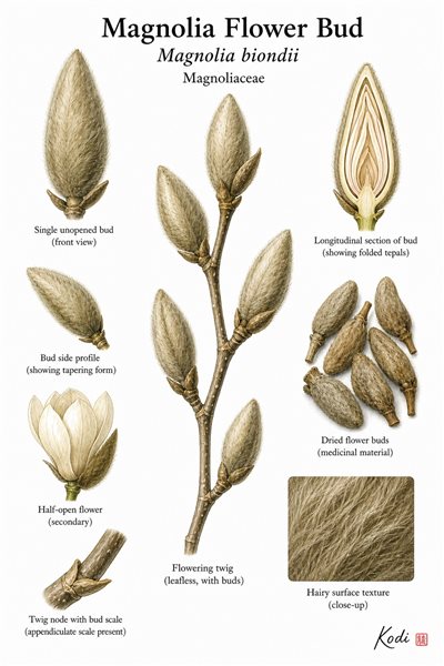 Botanical illustration of Magnolia Flower Bud, Magnolia biondii, showing fuzzy buds, leafless twig, dried buds, and diagnostic magnolia details.