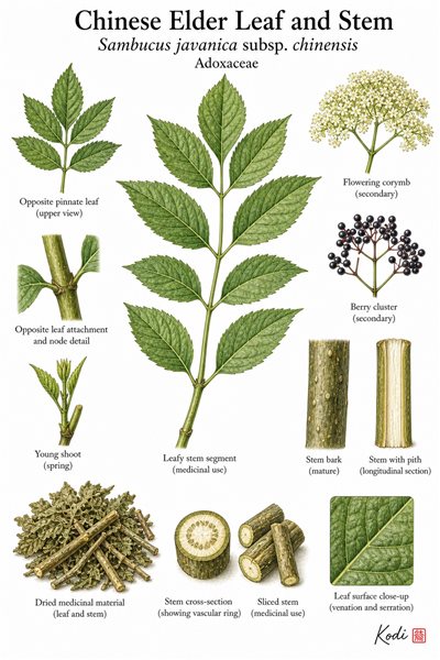 Botanical illustration of Chinese Elder Leaf and Stem, Sambucus javanica subsp. chinensis, showing leafy stems, pinnate leaves, stem detail, and diagnostic elder context.