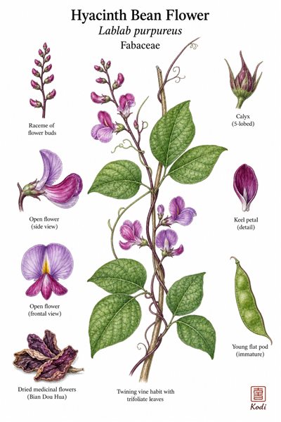 Botanical illustration of Hyacinth Bean Flower, Lablab purpureus, showing twining vine habit, trifoliate leaves, flowers, buds, and diagnostic legume details.