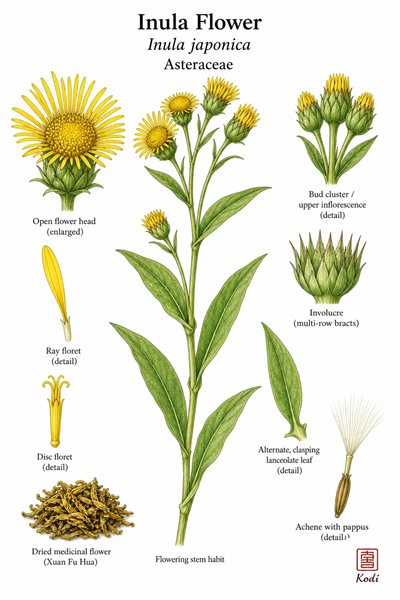 Botanical illustration of Inula Flower, Inula japonica, showing flowering stem, yellow flower heads, bracts, and diagnostic composite details.