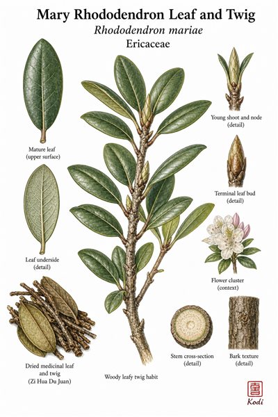 Botanical illustration of Mary Rhododendron Leaf and Twig, Rhododendron mariae, showing leafy twigs, leathery leaves, buds, and diagnostic rhododendron context.
