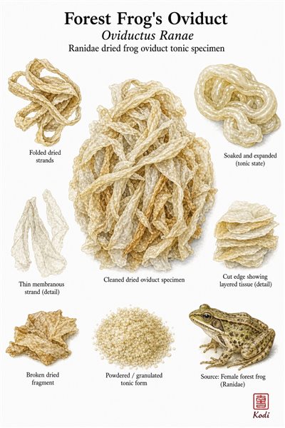 Scientific specimen plate of Forest Frog's Oviduct, Oviductus Ranae, showing dried oviduct material, soaked strands, and diagnostic tonic details.