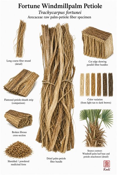 Scientific specimen plate of Fortune Windmillpalm Petiole, Trachycarpus fortunei, showing palm-petiole fibers, sheath strips, source context, and diagnostic material details.