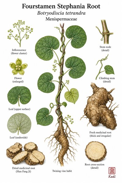Botanical illustration of Fourstamen Stephania Root, Botryodiscia tetrandra, showing twining vine, peltate leaves, medicinal root, and diagnostic source details.