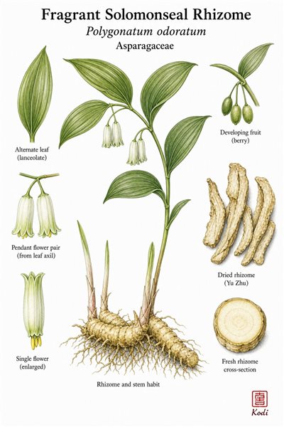 Botanical illustration of Fragrant Solomonseal Rhizome, Polygonatum odoratum, showing arching stems, flowers, rhizome, and diagnostic Yu Zhu details.