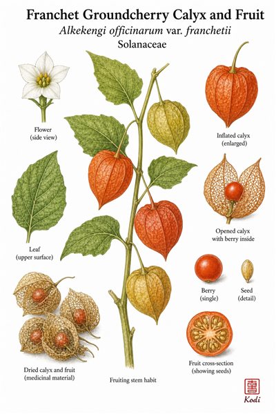 Botanical illustration of Franchet Groundcherry Calyx and Fruit, Alkekengi officinarum var. franchetii, showing lantern calyces, berry, and diagnostic physalis details.