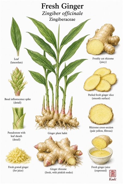 Botanical illustration of Fresh Ginger, Zingiber officinale, showing living plant habit, fresh rhizome, cut slices, and diagnostic ginger details.