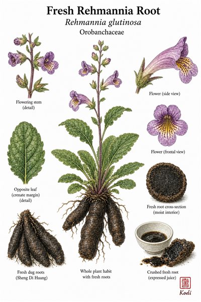 Botanical illustration of Fresh Rehmannia Root, Rehmannia glutinosa, showing leafy habit, tubular flowers, fresh roots, and diagnostic rehmannia details.