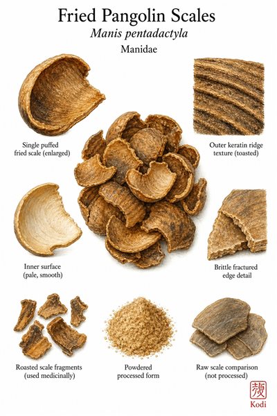 Scientific specimen plate of Fried Pangolin Scales, Manis pentadactyla, showing fried curled scales, toasted ridge texture, brittle fractures, powdered processed form, and diagnostic material details.