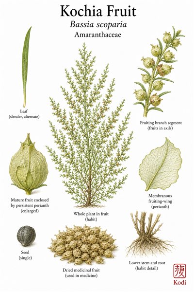 Botanical illustration of Kochia Fruit, Bassia scoparia, showing whole herb habit, slender leaves, axillary fruit clusters, enclosed fruit, seed, and diagnostic plant details.