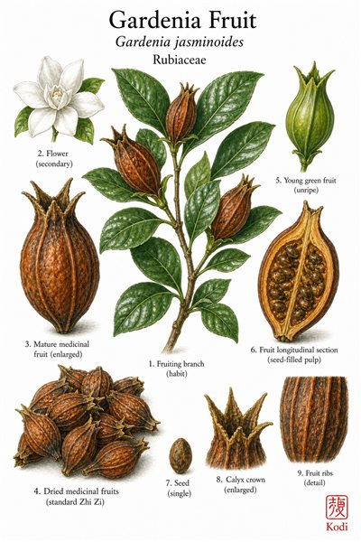 Botanical illustration of Gardenia Fruit, Gardenia jasminoides, showing glossy leaves, mature fruit, dried medicinal fruits, seed section, and diagnostic plant details.