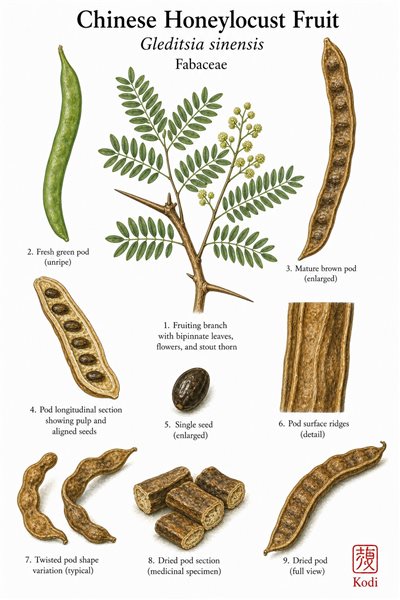 Botanical illustration of Chinese Honeylocust Fruit, Gleditsia sinensis, showing thorny fruiting branch, long seeded pod, pod section, seeds, and diagnostic plant details.