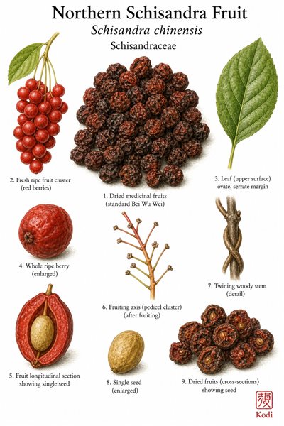 Botanical illustration of Northern Schisandra Fruit, Schisandra chinensis, showing dried medicinal fruits, red berry cluster, seed section, and diagnostic plant details.