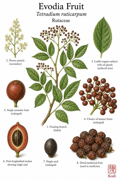 Botanical illustration of Evodia Fruit, Tetradium ruticarpum, showing pinnate leaves, clustered fruits, seed section, dried fruit, and diagnostic plant details.