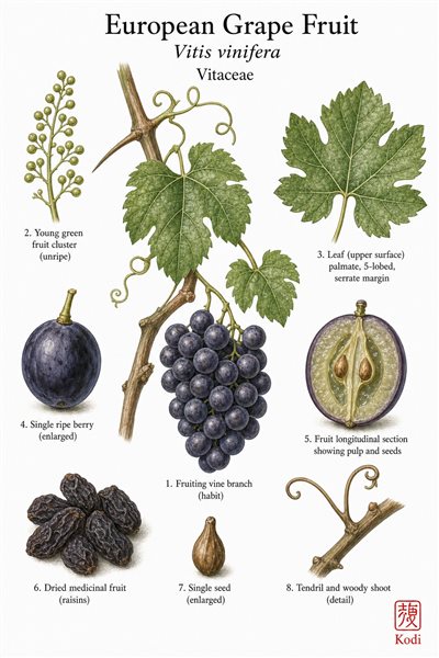 Botanical illustration of European Grape Fruit, Vitis vinifera, showing vine branch, grape cluster, berry section, seeds, and diagnostic plant details.