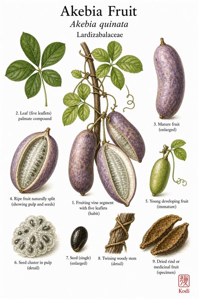Botanical illustration of Akebia Fruit, Akebia quinata, showing five-leaflet vine segment, ripe split fruit, seed cluster, and diagnostic plant details.