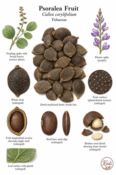Botanical illustration of Psoralea Fruit, Cullen corylifolium, showing dried medicinal fruits, seed section, small fruiting spike context, and diagnostic plant details.